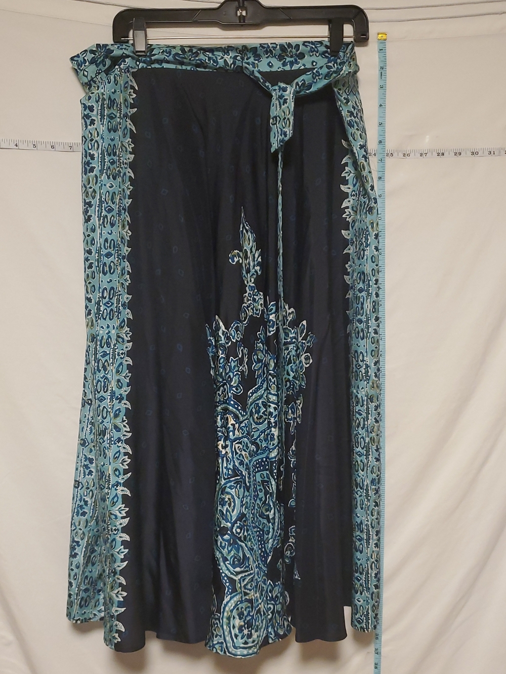 Talbots 100% Silk Navy Midi Skirt with Teal Paisley Border Wrap Skirt Sz 16